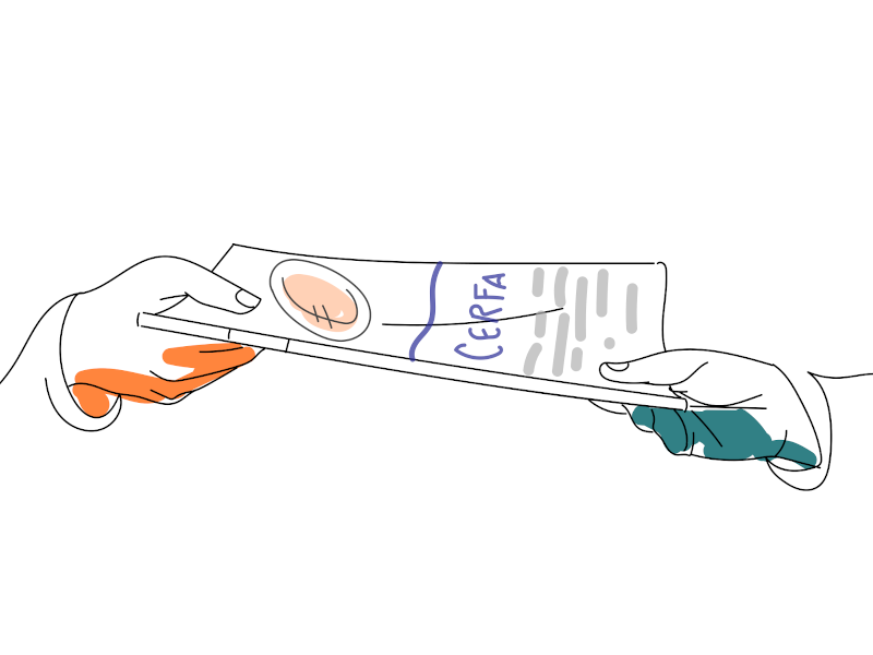 Illustration de deux mains s'échangeant un formulaire administratif CERFA