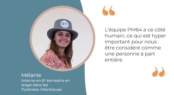 Portrait et citation de Mélanie Mirande, interne en stage dans les Pyrénées-Atlantiques, gagnante du quizz 2024 de Présence médicale 64, organisé lors de la soirée d'accueil des internes