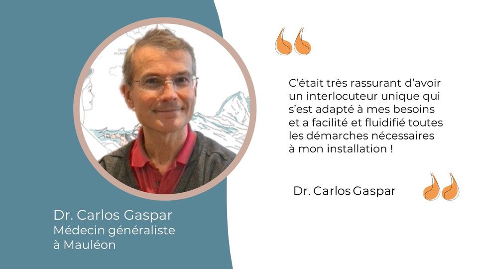 Portrait et citation du Dr Carlos Gaspar, installé à Mauléon en Août 2023, par Présence médicale 64